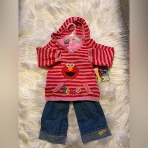 Infant Red and Pink Striped Elmo Hoodie with Blue Jeans